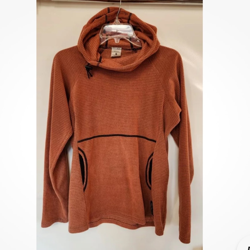 Melanzana Micro Grid Hoodie Womens Small Orange Pullover Sweater Mid Layer